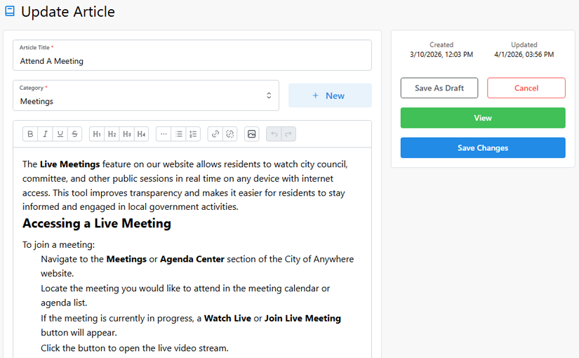 Knowledge base Staff View - Article Editor