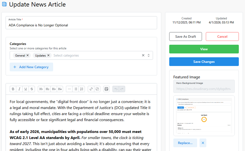 News and Announcements Staff View - Story Editor