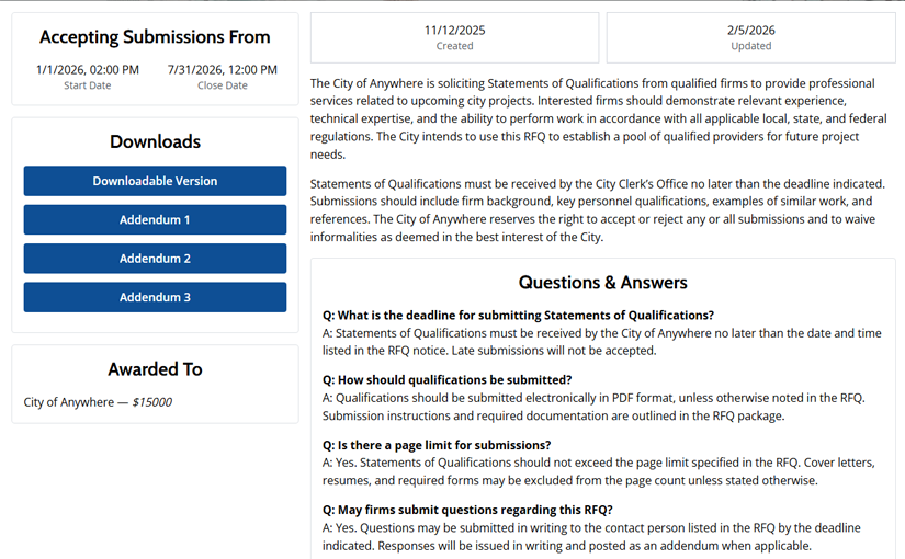 Bids RFPs and Procurement Vendor View - Bid Portal